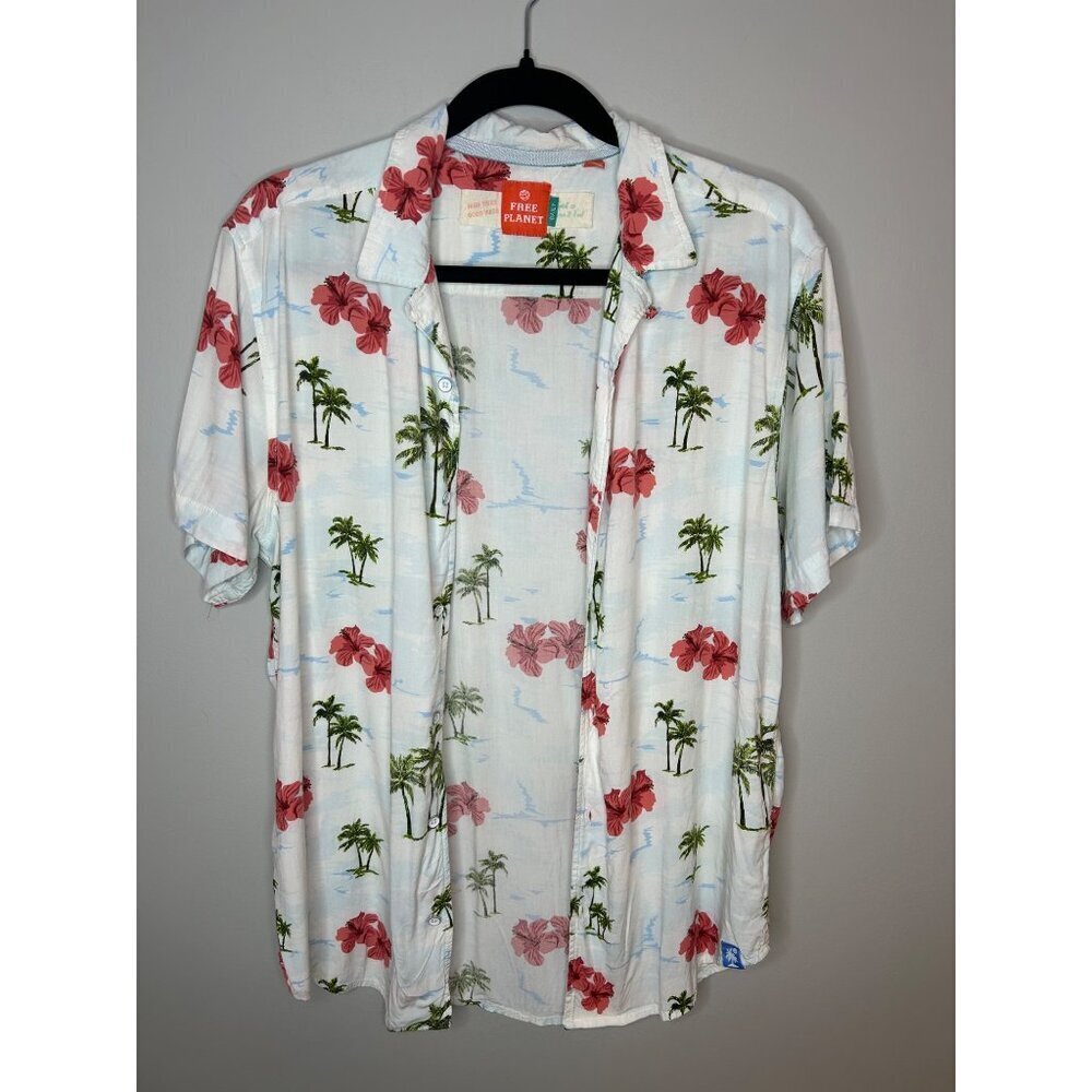 Free Planet Men's Hibiscus Hawaiian short sleeve tropical button up shirt Sz L